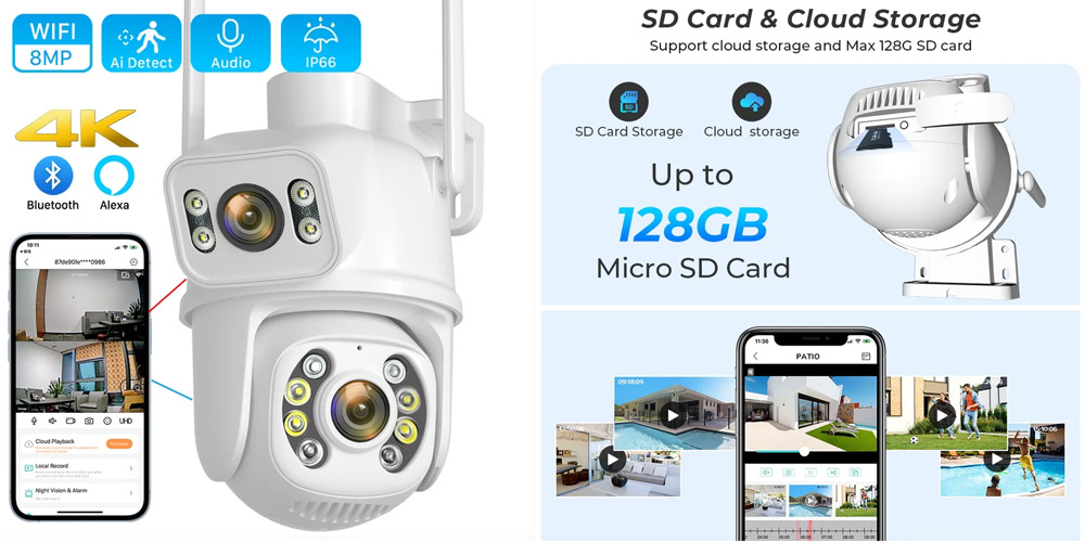 Câmera de vigilância sem fio lente Wi-Fi dupla com tela dupla detecção humana AI PTZ 4K