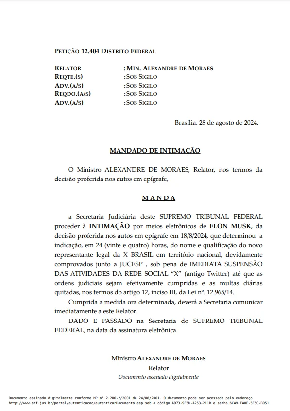Moraes determina que Musk deve indicar novo representante do X em 24 h