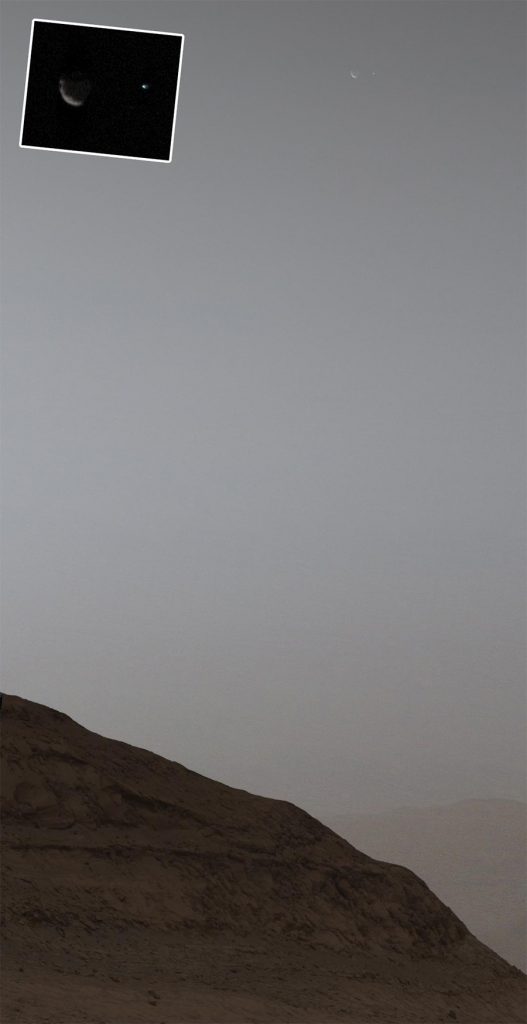 Robô em Marte faz foto inédita da Terra junto com a lua Phobos