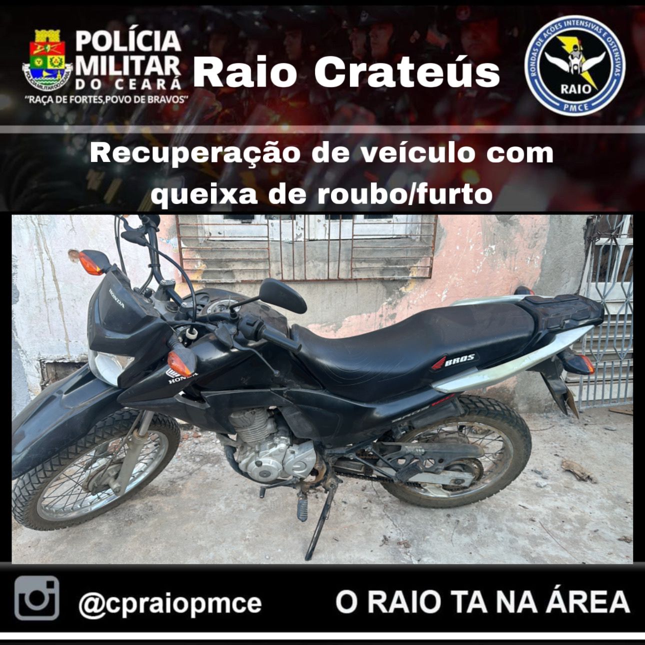 RAIO RECUPERA MOTOCICLETA QUE HAVIA SIDO FURTADA EM CRATEUS – Blog Tony Sales