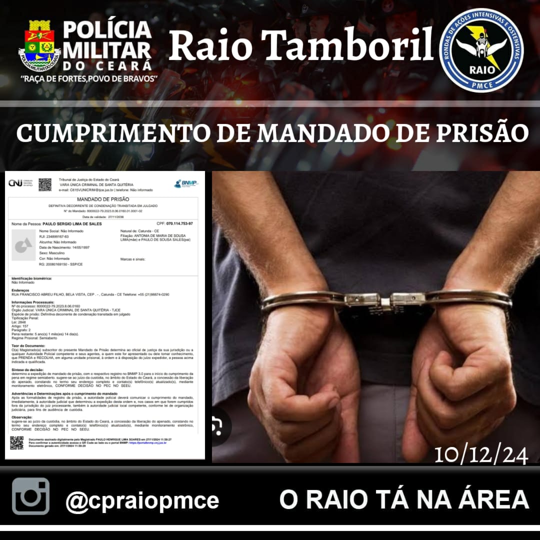 Raio Tamboril cumpre mandado de prisão em Catunda – Blog Tony Sales