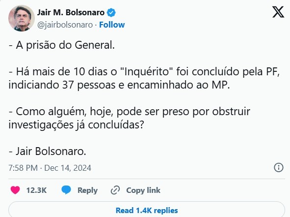 Bolsonaro se manifesta em rede social questionando a prisão de Braga Netto