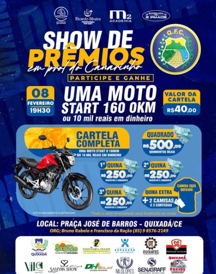 Show de prêmios em prol do Quixadá Futebol Clube sorteará moto 0km, dinheiro e camisas oficiais