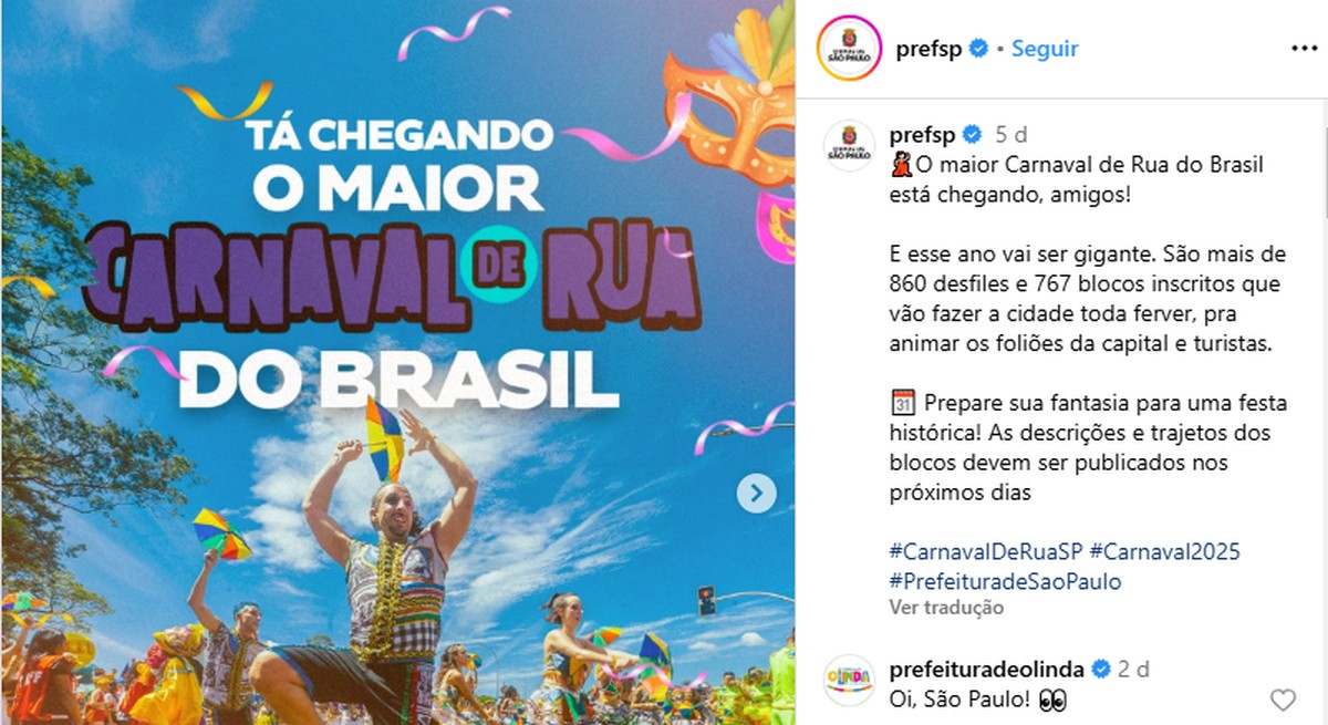 'Rivalidade' entre Prefeituras de São Paulo, Recife e Salvador sobre o 'Maior Carnaval de Rua do Brasil' movimenta redes sociais | São Paulo
