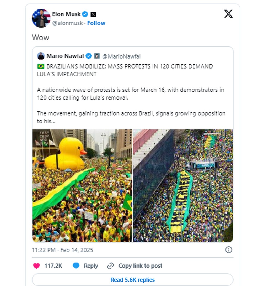 Elon Musk reposta publicação sobre protestos por impeachment de Lula | Política