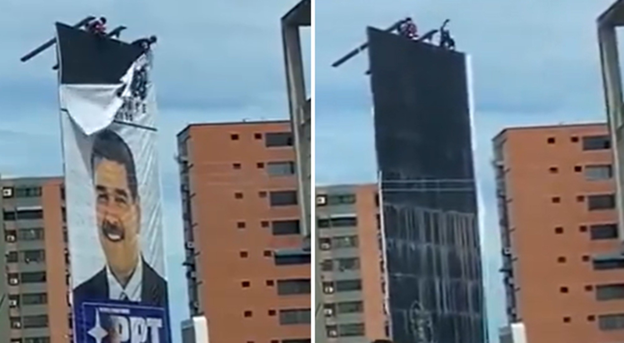 É #FAKE que vídeo de venezuelanos derrubando pôster gigante de Maduro mostre 'festa' após 