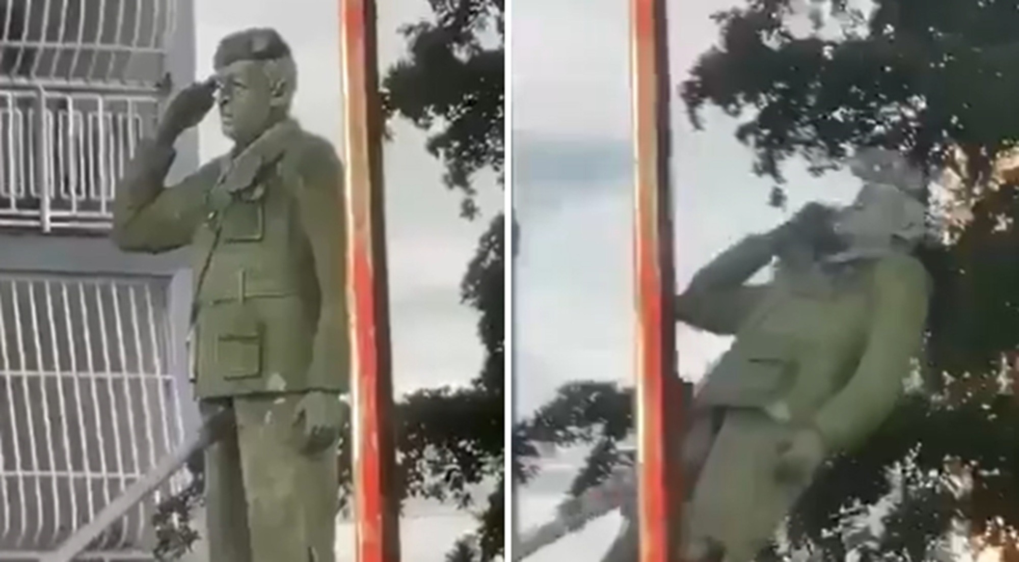 É #FAKE que vídeo de venezuelanos derrubando estátua de Hugo Chávez foi gravado após captu