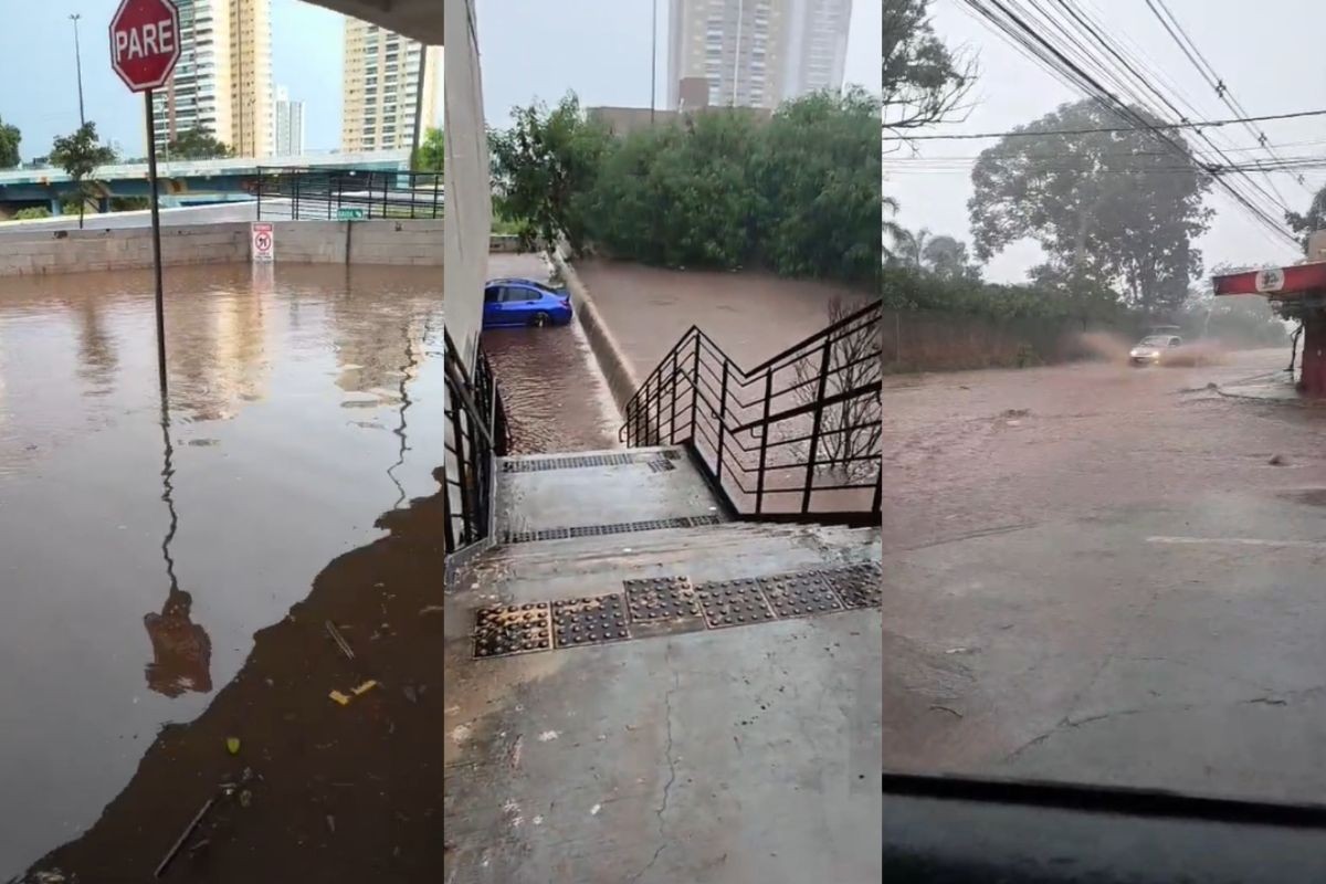 Em minutos de chuva, estacionamento de academia é alagado e ruas viram rios em Campo Grand