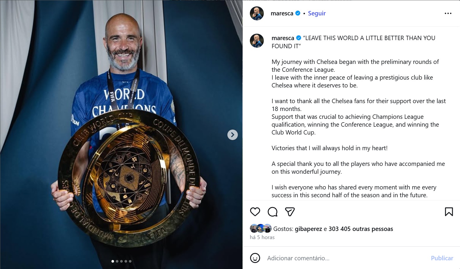 Enzo Maresca se despede do Chelsea relembrando conquistas: "Saio com paz interior"