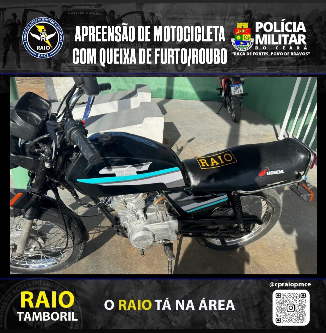 Motocicleta com registro de furto é apreendida por Raio em Tamboril
